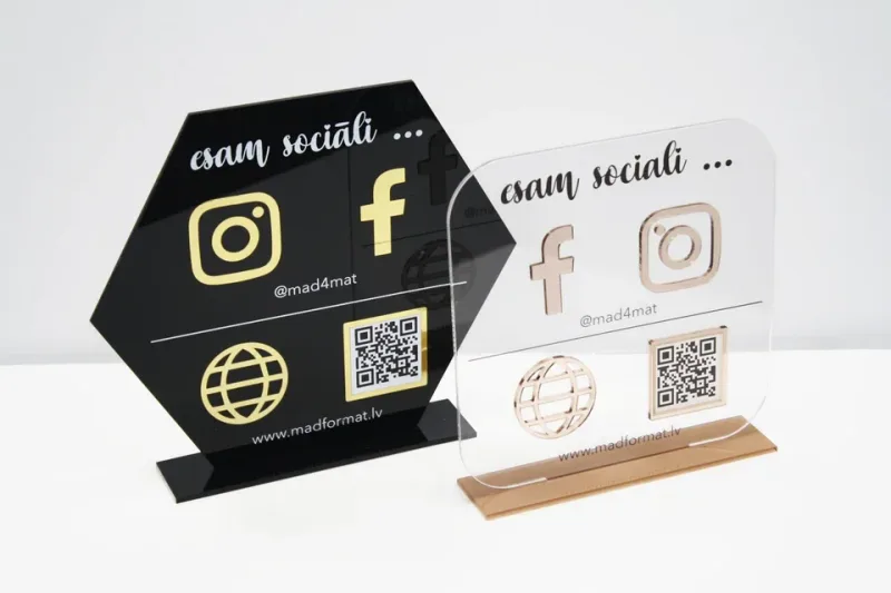 Acrylic table stands with social media icons and QR code